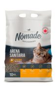 Bolsa de arena sanitaria Nómade de 10 kg con gato ilustrativo y sello de calidad canadiense.