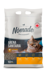 Bolsa de arena sanitaria Nómade de 10 kg con gato ilustrativo y sello de calidad canadiense.